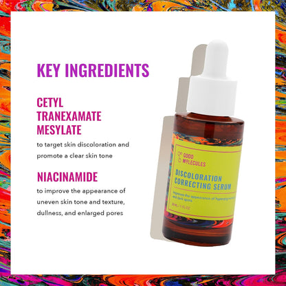 Image showcasing Good Molecules Discoloration Correcting Serum 30ML/1 FL OZ. The dropper bottle features key ingredients: Cetyl Tranexamate Mesylate to target hyperpigmentation and Niacinamide for enhancing skin texture.