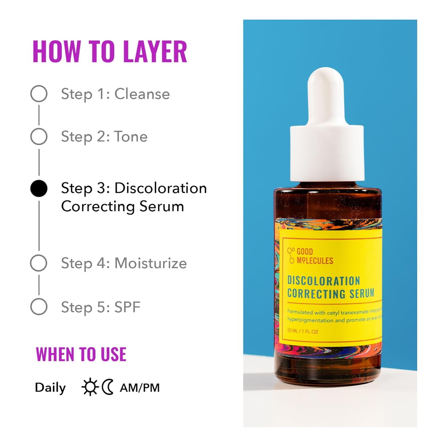 The skincare guides Step 3 includes Good Molecules Discoloration Correcting Serum, infused with tranexamic acid for hyperpigmentation. Start with cleansing and toning, then moisturize and apply SPF. Its vibrant-labeled brown bottle is perfect for daily AM/PM use.