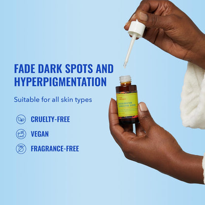 Hands hold a Good Molecules Discoloration Correcting Serum, labeled Fade Dark Spots and Hyperpigmentation. Features include cruelty-free, vegan, fragrance-free. Infused with tranexamic acid, the bottle is set against a light blue background.