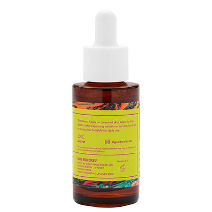 A brown glass dropper bottle with a white cap, labeled Good Molecules Discoloration Correcting Serum 30ML/1 FL OZ, features instructions and contact info. It targets hyperpigmentation using tranexamic acid for effective results.