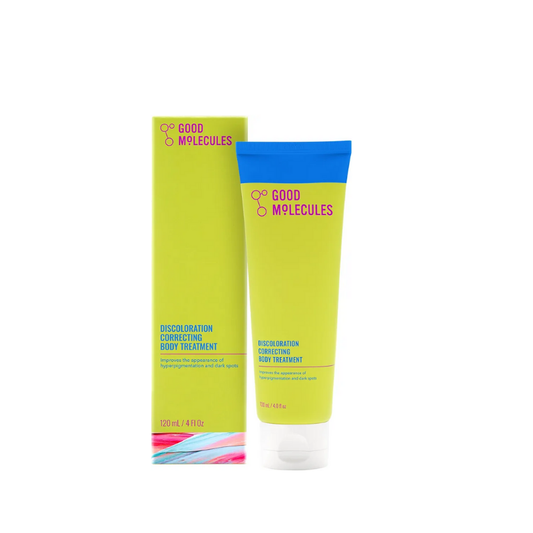 A yellow tube and box of Good Molecules Discoloration Correcting Body Treatment 120ML/4 FL OZ, a moisturizer that helps improve uneven skin tone and dark spots.
