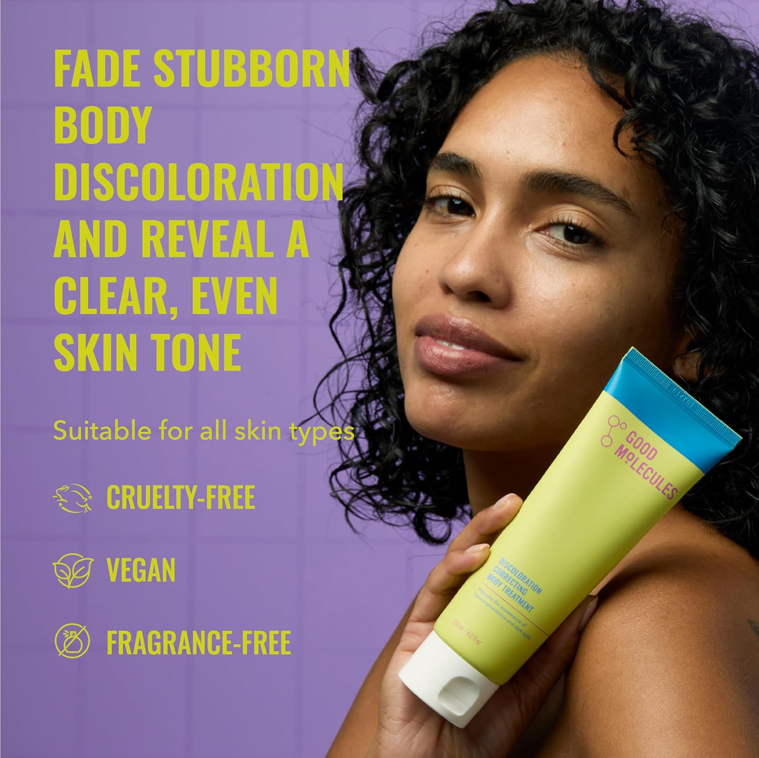 A woman with curly hair holds Good Molecules Discoloration Correcting Body Treatment 120ML/4 FL OZ. Text highlights: “Fade stubborn body discoloration for a clear, even skin tone.” Cruelty-free, vegan, and fragrance-free by Good Molecules.