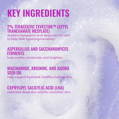 A purple foam background highlights Good Molecules Discoloration Correcting Body Treatment (120ML) with TXVECTOR, aspergillus & saccharomyces, niacinamide, arginine, jojoba seed oil, and capryloyl salicylic acid for visibly more even skin.