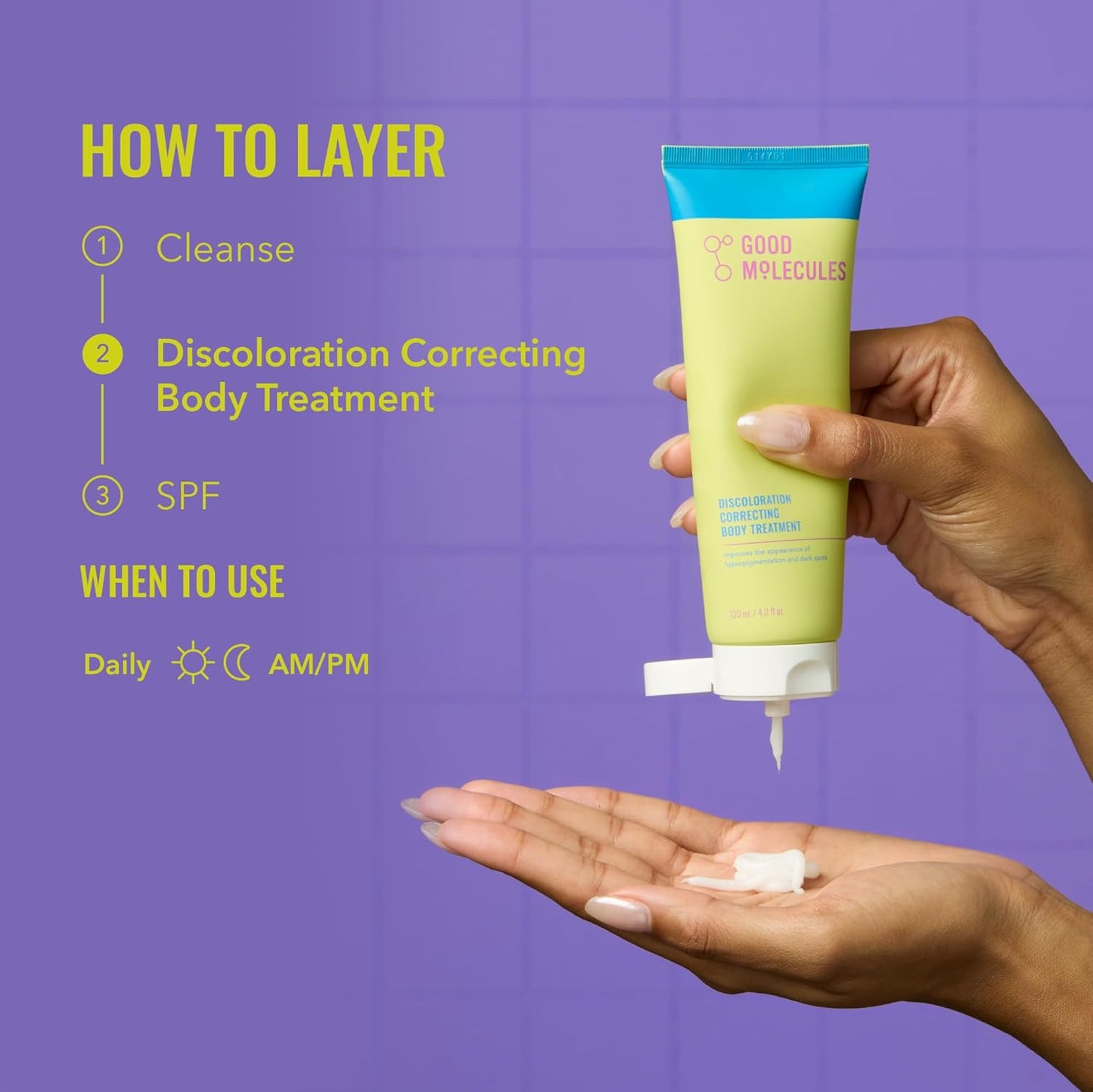 A person dispenses Good Molecules Discoloration Correcting Body Treatment 120ML/4 FL OZ onto their palm. Steps shown: cleanse, apply the body treatment from Good Molecules, follow with SPF. The background is purple with yellow and white text.