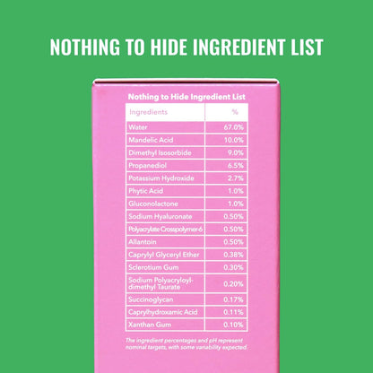 Image displaying the "Nothing to Hide Ingredient List" for Good Molecules Mandelic Acid Serum, detailing ingredient percentages on the product packaging.
