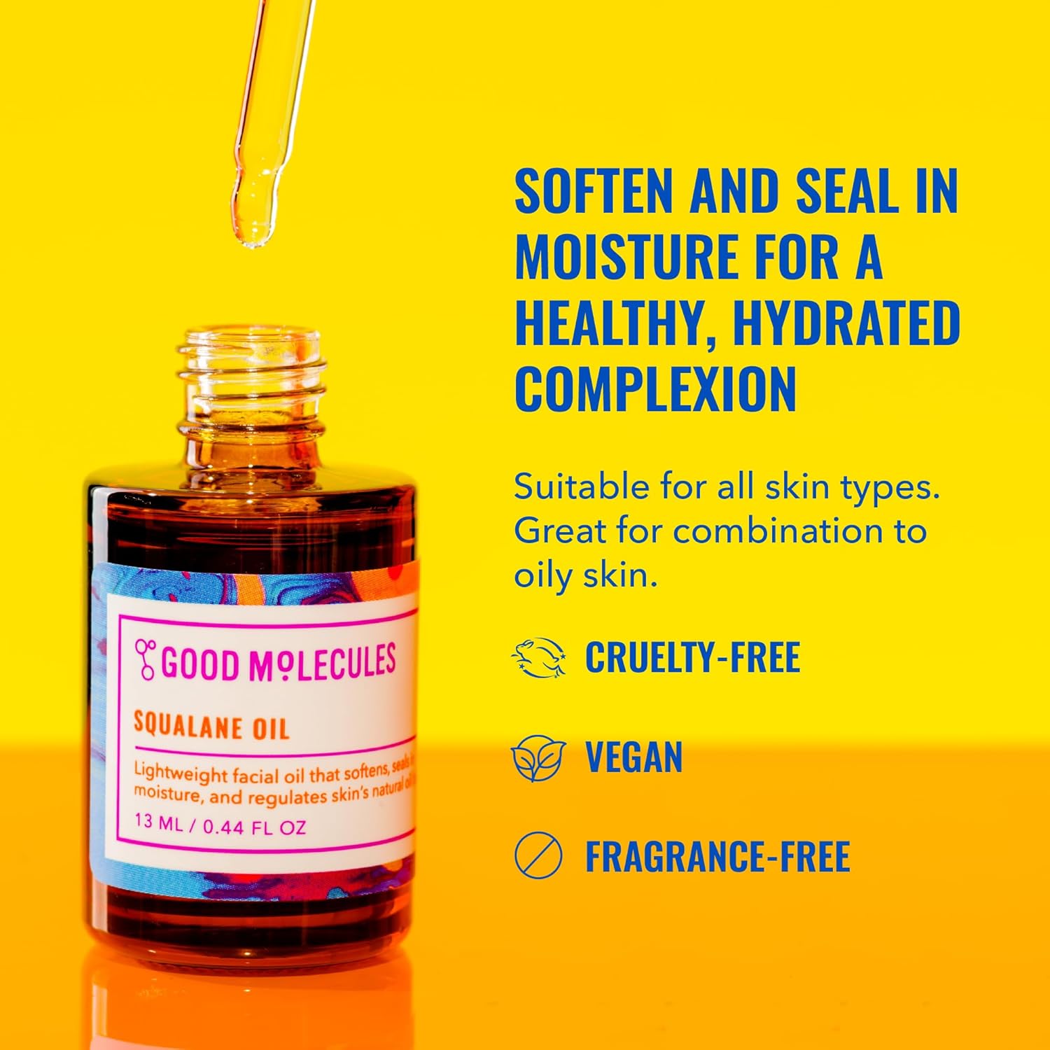 An open bottle of Good Molecules Squalane Oil with a dropper releasing oil, set against a bright yellow background with text highlighting its benefits.