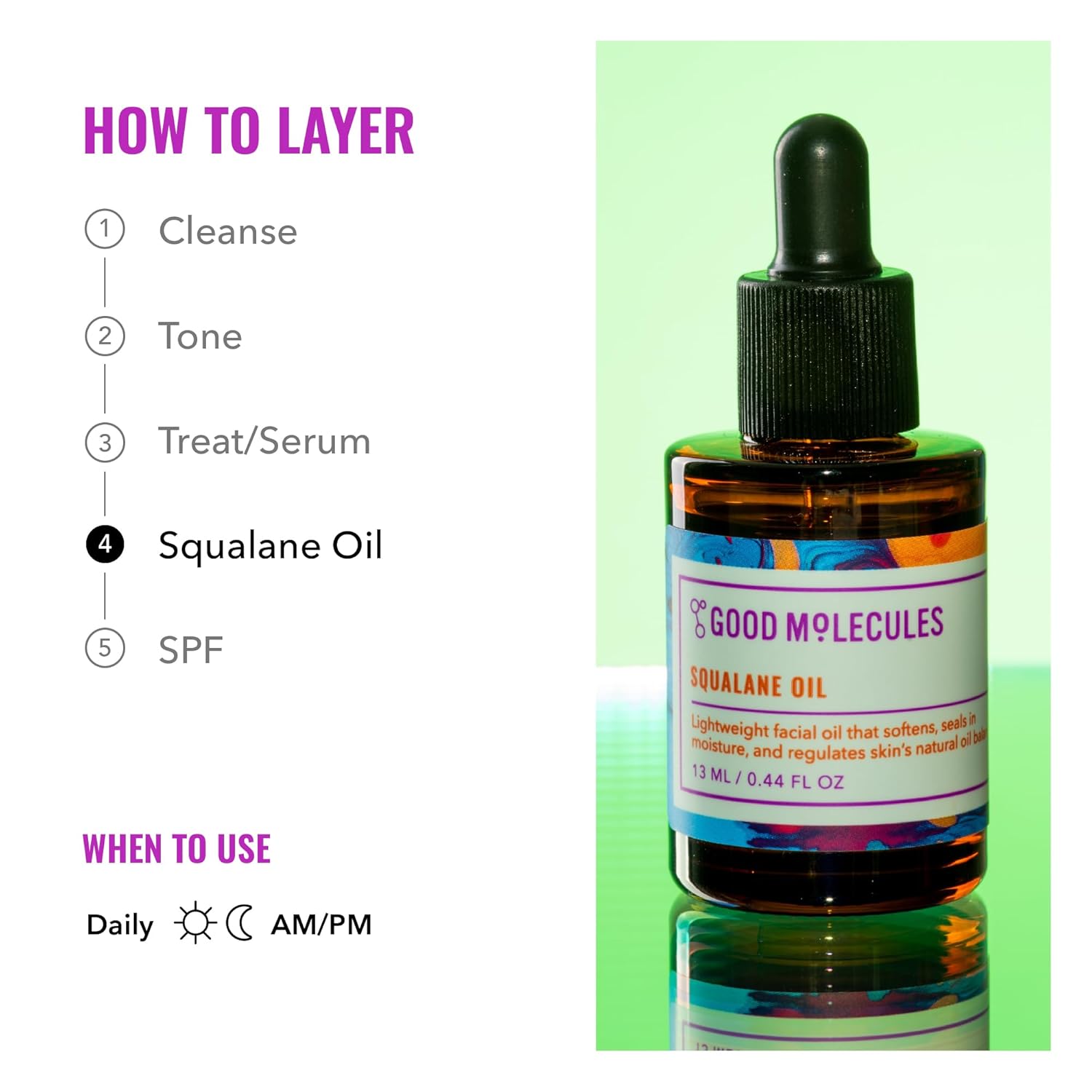 A bottle of Good Molecules Squalane Oil with a green reflection, alongside a skincare layering guide showing it as the fourth step in a routine.