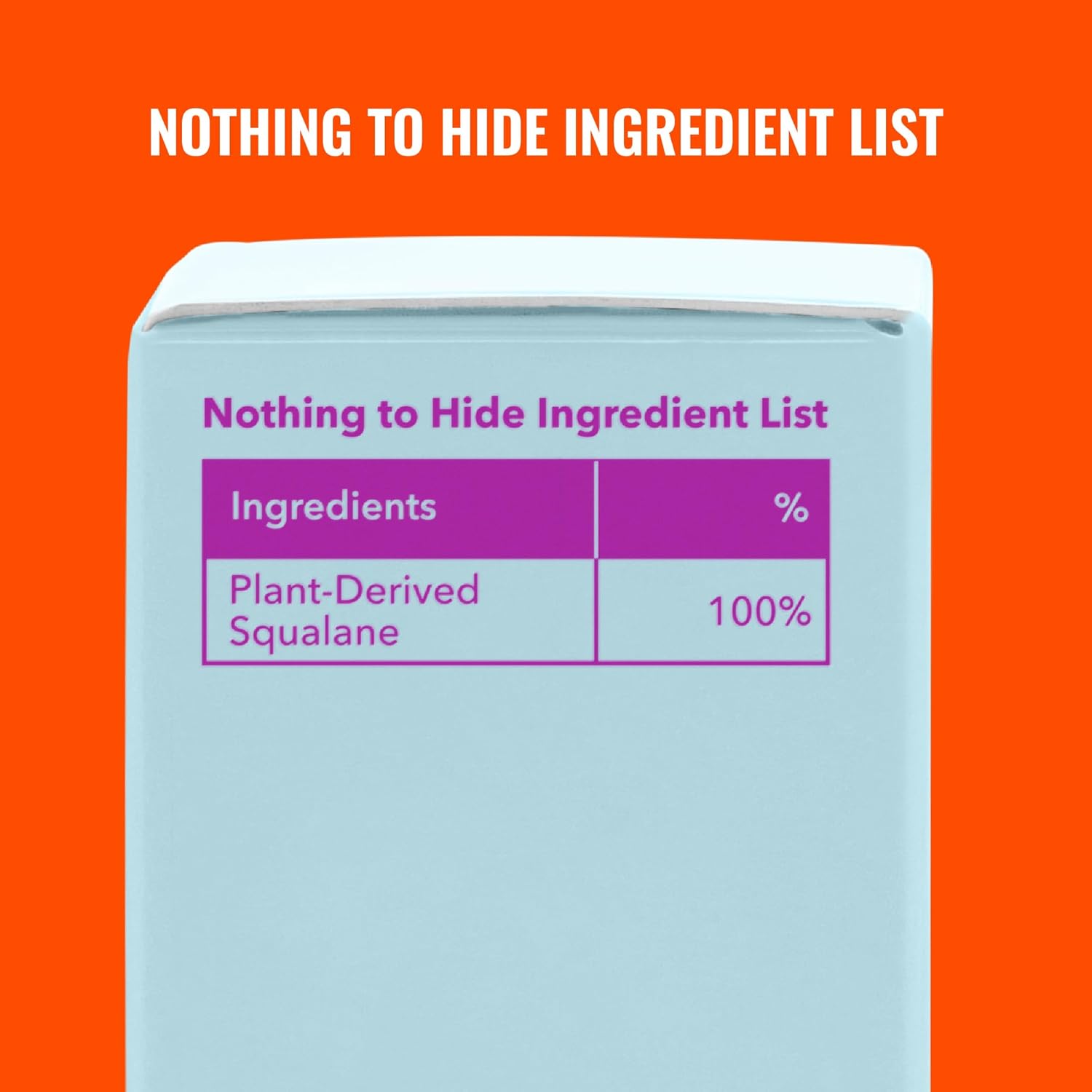 Close-up of Good Molecules Squalane Oil packaging displaying a "Nothing to Hide" ingredient list, showing 100% plant-derived squalane on an orange background.