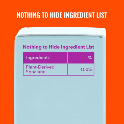 Close-up of Good Molecules Squalane Oil packaging displaying a "Nothing to Hide" ingredient list, showing 100% plant-derived squalane on an orange background.