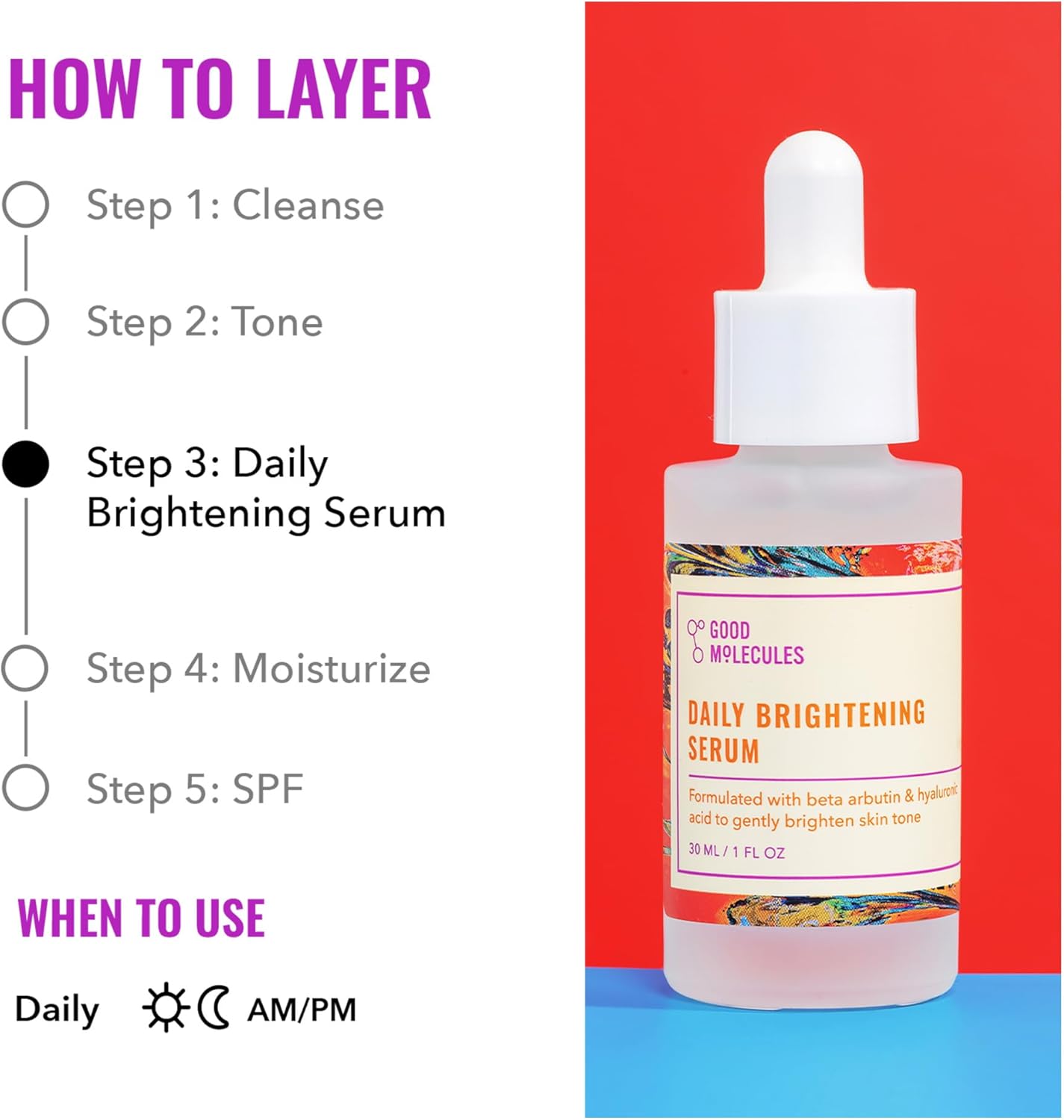 A 30ml Good Molecules Daily Brightening Serum with hyaluronic acid stands against a red and blue background, shown as step 3 in a skincare routine to use daily, morning or evening, after cleansing.
