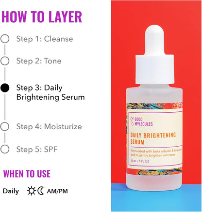 A 30ml Good Molecules Daily Brightening Serum with hyaluronic acid stands against a red and blue background, shown as step 3 in a skincare routine to use daily, morning or evening, after cleansing.