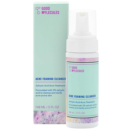 A bottle of Good Molecules Acne Foaming Cleanser with Salicylic Acid BHA, designed for acne treatment. It features a minimalist and colorful label, with 148 mL or 5 FL OZ clearly indicated.