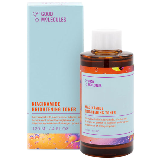 A bottle of Good Molecules Niacinamide Brightening Toner 120ML/4 FL OZ for hyperpigmentation is in front of its box. The amber bottle with a white cap and white-orange label complements the vibrant packaging design.