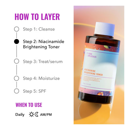 The graphic illustrating a skincare routine highlights Step 2: Good Molecules Niacinamide Brightening Toner for hyperpigmentation, with its product image. Instructions for daily AM and PM use are provided at the bottom.