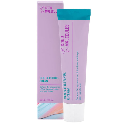 A Good Molecules Gentle Retinol Cream - 30ML/1 FL OZ tube stands upright beside its matching box. The purple packaging highlights its anti-aging benefits, including softening fine lines for youthful, firmer-looking skin.