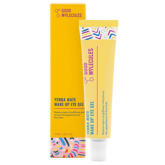 The Good Molecules Yerba Mate Wake Up Eye Gel, 15ml/0.50 oz, packaged in a yellow tube and box with colorful abstract designs, is designed to reduce puffiness, dark circles, and fine lines.