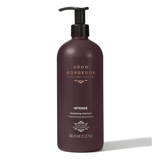 Brown shampoo bottle with pump labeled 'Grow Gorgeous' on a white background