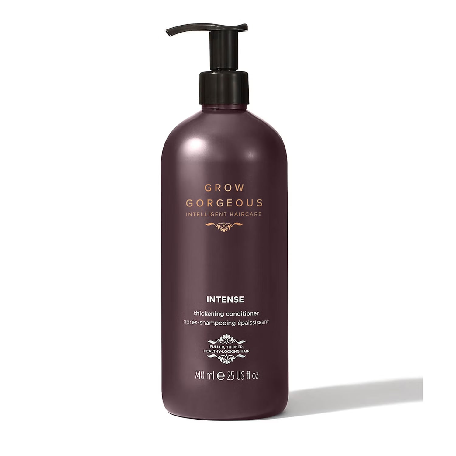Brown bottle of 'Grow Gorgeous' Intense thickening conditioner on a white background
