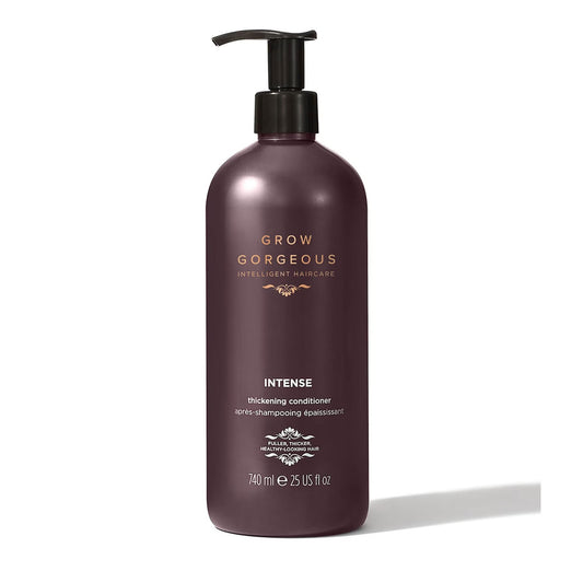 Brown bottle of 'Grow Gorgeous' Intense thickening conditioner on a white background