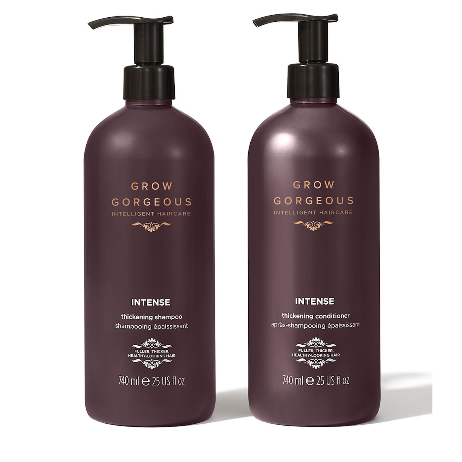Two bottles of 'Grow Gorgeous' Intense thickening shampoo and conditioner on a white background