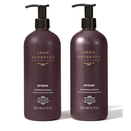 Two bottles of 'Grow Gorgeous' Intense thickening shampoo and conditioner on a white background