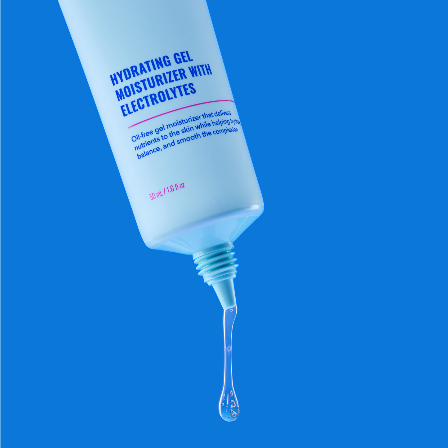 Hydrating gel moisturizer with electrolytes on a blue background