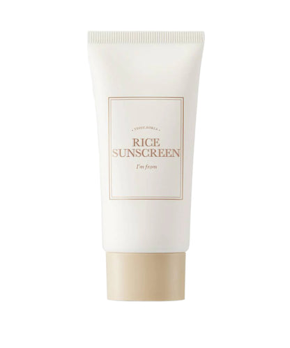 The Im From Rice Sun Screen SPF50+ PA++++ 50ml by IM FROM features a minimalist design with a white tube, beige text and cap, ensuring elegance in simplicity while providing strong protection.