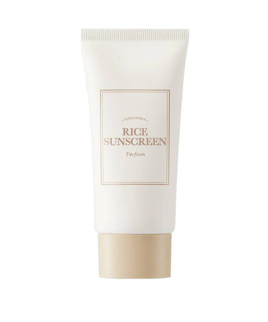 The Im From Rice Sun Screen SPF50+ PA++++ 50ml by IM FROM features a minimalist design with a white tube, beige text and cap, ensuring elegance in simplicity while providing strong protection.