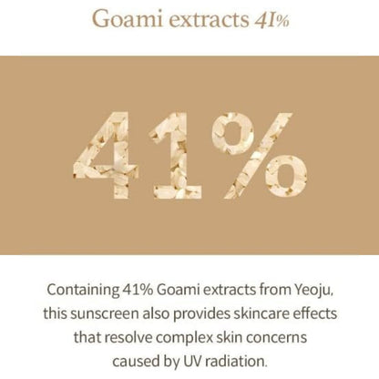 Text on a beige background: Extracts of Goami at 41%. Below, large 41% with texture. Underneath: Im From Rice Sun Screen SPF50+ PA++++ offers skincare benefits and protection from UV radiation with 41% Goami extracts from Yeoju.