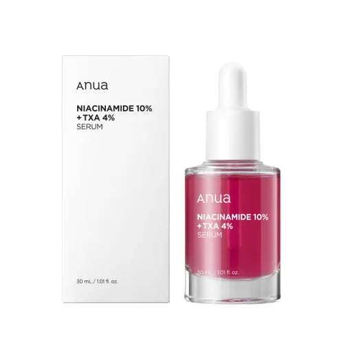 Anua Niacinamide 10% + TXA 4% Serum in a clear bottle with a white dropper cap, alongside its white packaging. The serum is vibrant pink, 30 mL.