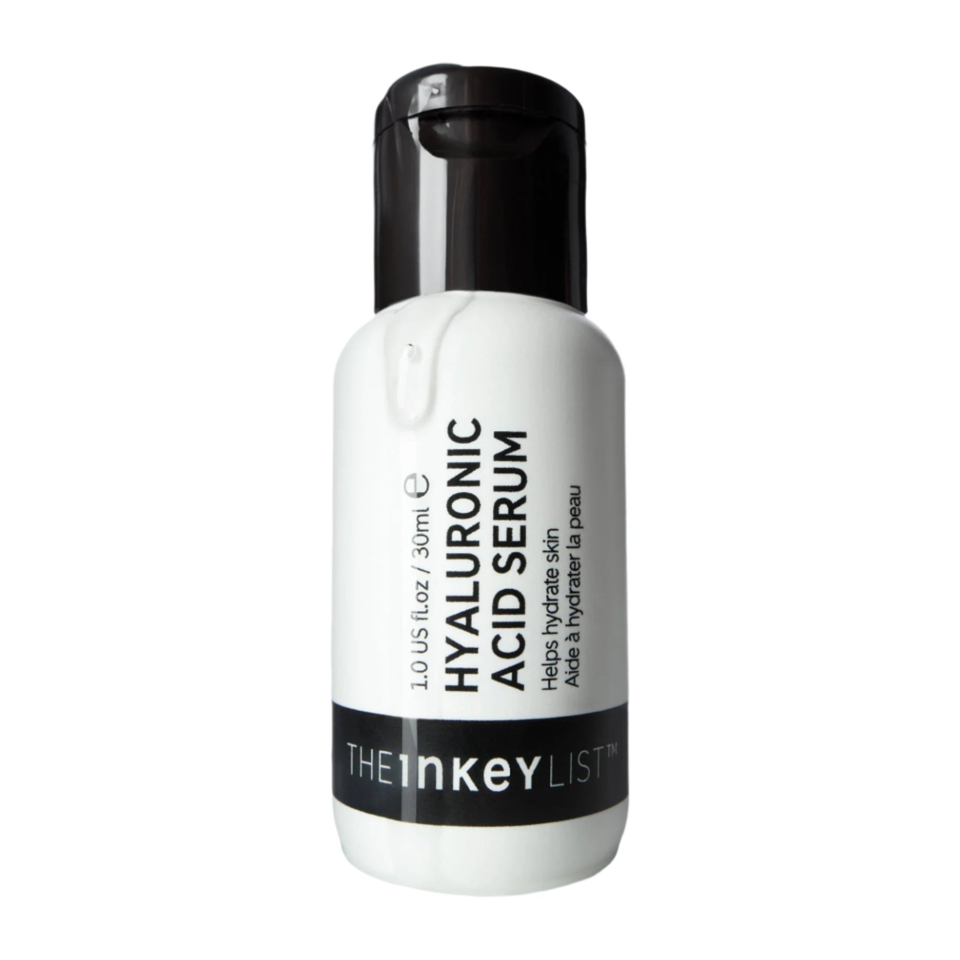 The Inkey List™ Hyaluronic Acid Serum features a white bottle with a black cap, brand name on a black stripe, and offers moisture-binding properties ideal for reducing fine lines. Contains 1.0 US fl oz / 30ml.