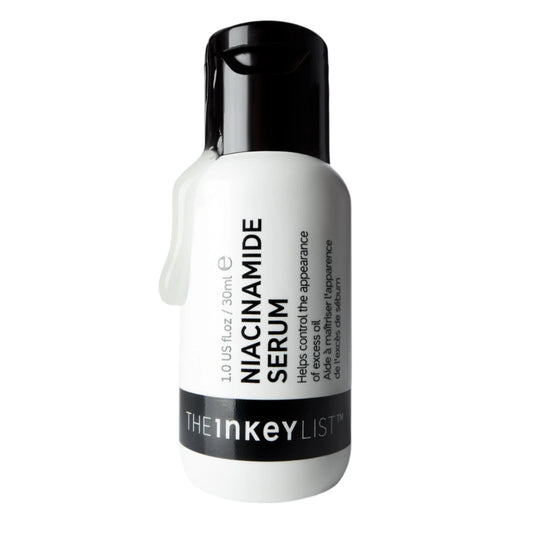 A white bottle of The INKEY List™ Niacinamide Serum 30ml features a black cap. Ideal for acne-prone skin, it helps control the appearance of excess oil.
