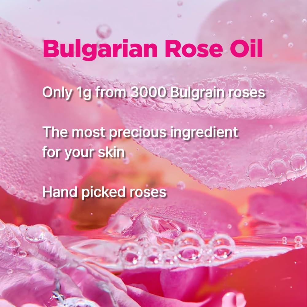 A background of pink rose petals with water droplets features overlaid text in pink and white: ISOI Blemish Care Up Cream. Contains Bulgarian rose oil—1g from 3000 hand-picked roses. The most precious ingredient for your moisturizing overnight mask, ensuring superior blemish care.