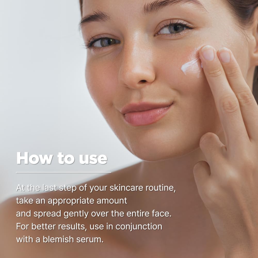 A woman smiles as she applies ISOI Blemish Care Up Cream to her cheek. The image text recommends using it as the last step in your skincare routine, ideally combined with a blemish care serum or a moisturizing overnight mask infused with Bulgarian Rose Oil for optimal results.