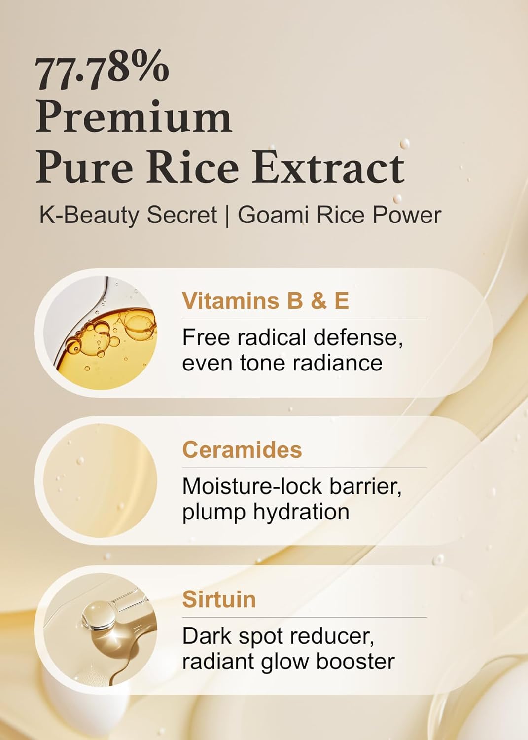 The Im From Rice Toner features a minimalist design emphasizing its skincare benefits. It includes Korean rice extract, glow-enhancing niacinamide, vitamins B & E for defense and radiance, ceramides for hydration, and sirtuin to reduce dark spots. The beige background has rice grain visuals.