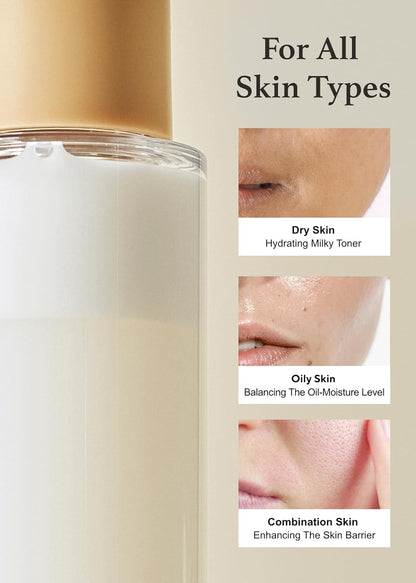 The IM FROM Rice Toner, a 150ml bottle with rice extract and niacinamide from Korea, is suitable for all skin types: dry skin gets hydration, oily skin achieves balance, and combination skin receives protection. Close-up images highlight these benefits.