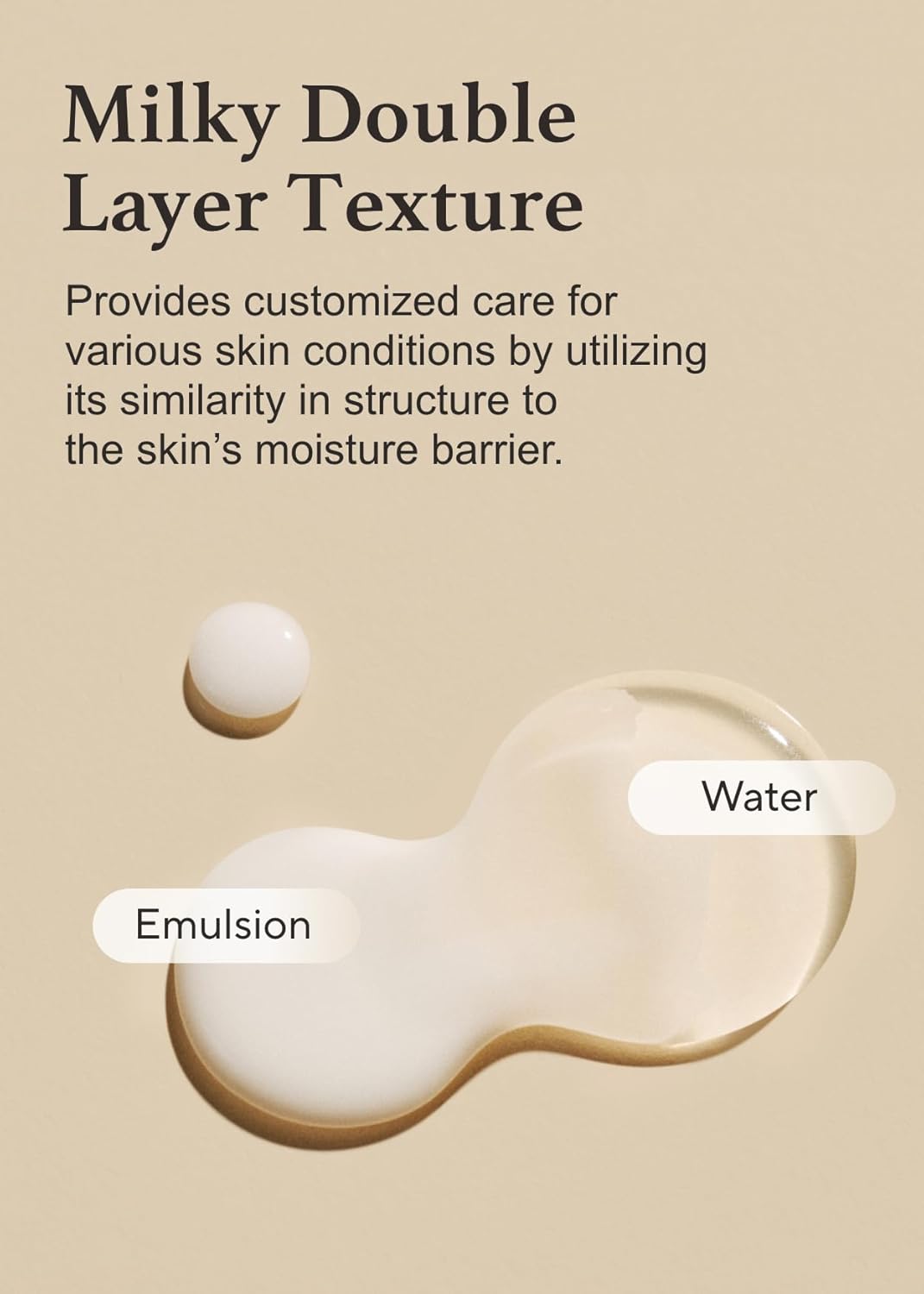 A beige background features creamy opaque Emulsion with rice extract and clear hydrating Water. Text: Milky Double Layer Texture highlights toner-like properties. Product: IM FROM Rice Toner with Niacinamide by Im From, 150ml, from Korea.