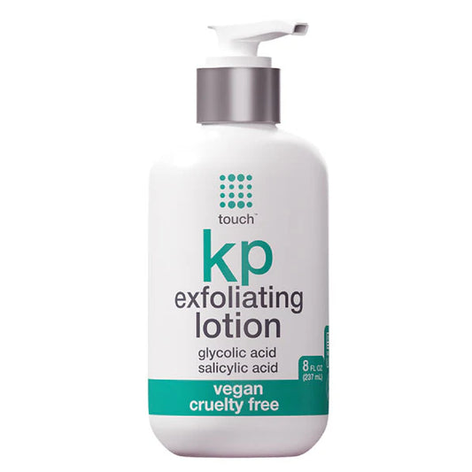 A white bottle of Touch KP Exfoliating Lotion with a pump dispenser. The label highlights key ingredients, glycolic acid and salicylic acid, and emphasizes that the product is vegan and cruelty-free. The bottle size is 8 fl. oz. (237 mL).