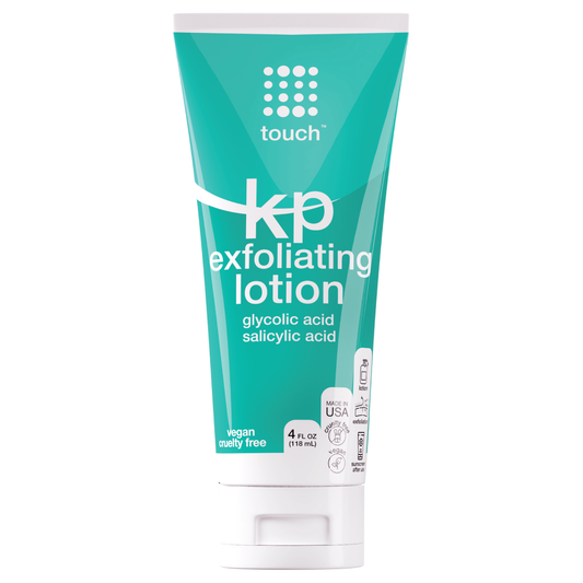 Touch KP Exfoliating Lotion in a teal 4 fl oz (118 mL) tube. Contains glycolic and salicylic acid, labeled as vegan, cruelty-free, and made in the USA.
