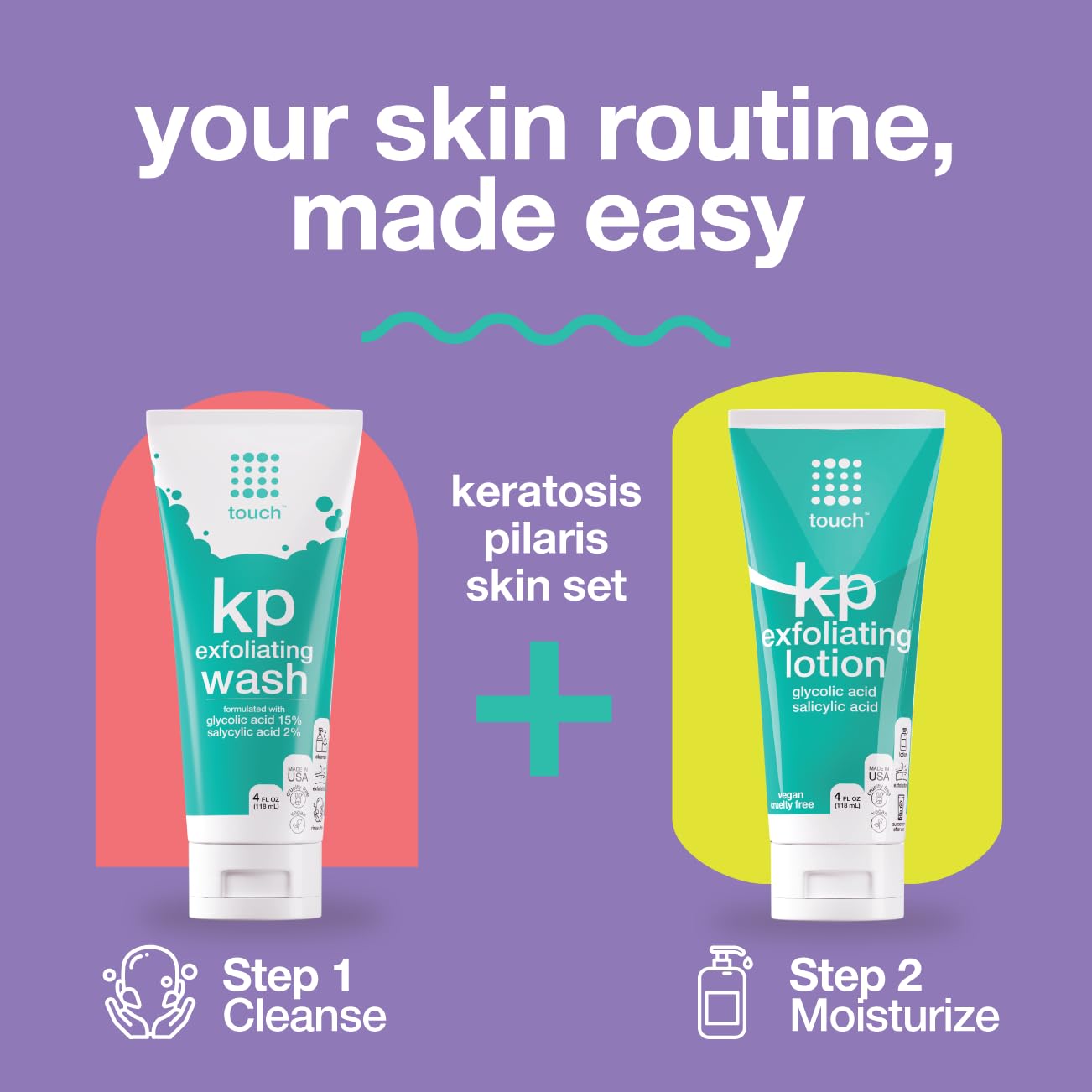 Touch KP skincare set: Exfoliating Wash & Lotion. Step 1: Cleanse, Step 2: Moisturize. Designed for keratosis pilaris. Vegan, cruelty free.