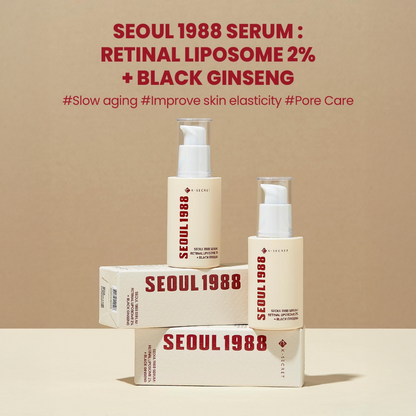 Seoul 1988 serum bottles and boxes on a beige background