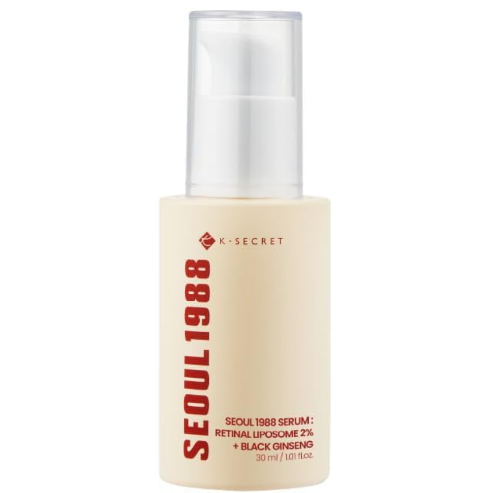 Skincare serum bottle with 'K-Secret' branding on a white background