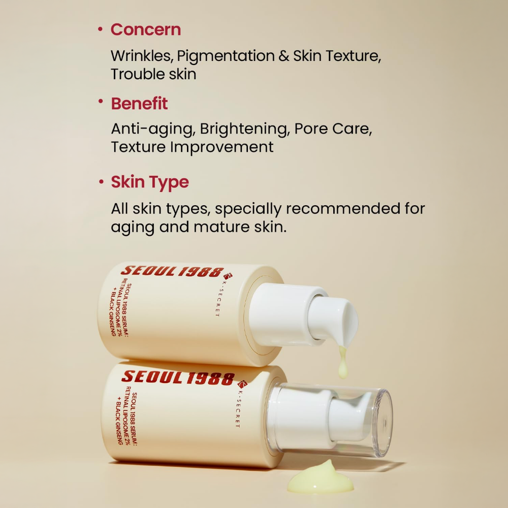 Two skincare bottles with 'Seoul 1988' branding on a beige background, featuring text about product benefits and skin types.