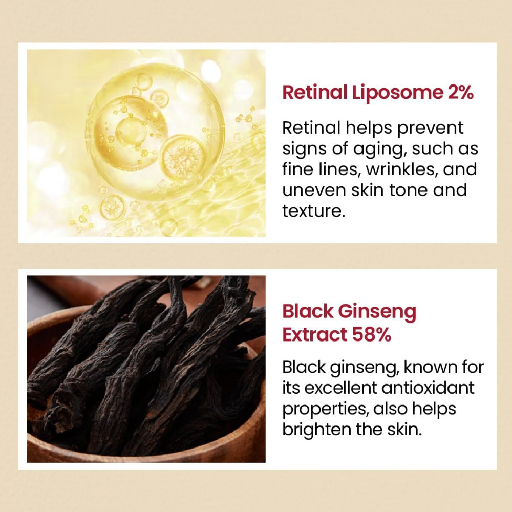 Product packaging with retinal liposome and black ginseng extract text on a beige background