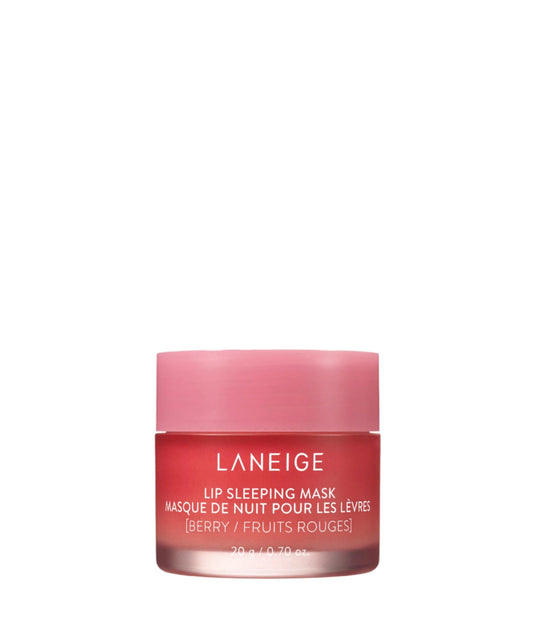 A Laneige Lip Sleeping Mask - BERRY 20g jar, enriched with vitamin C, is displayed against a white background. The jar features a red-to-pink gradient with a pink lid and reads Laneige Lip Sleeping Mask [Berry / Fruits Rouges].