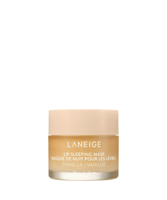 The Laneige Lip Sleeping Mask - Vanilla 20g is perfect for chapped lips, featuring a beige lid and an English/French Lip Sleeping Mask label.
