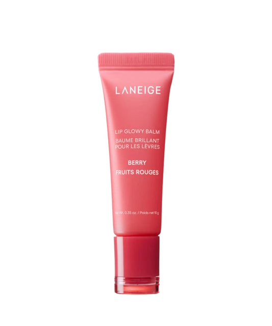 The Laneige Lip Glowy Balm - Berry 10g by LANEIGE provides a red-pink tint, combining shea and murumuru butters for nourishment. The packaging features text in English and French.