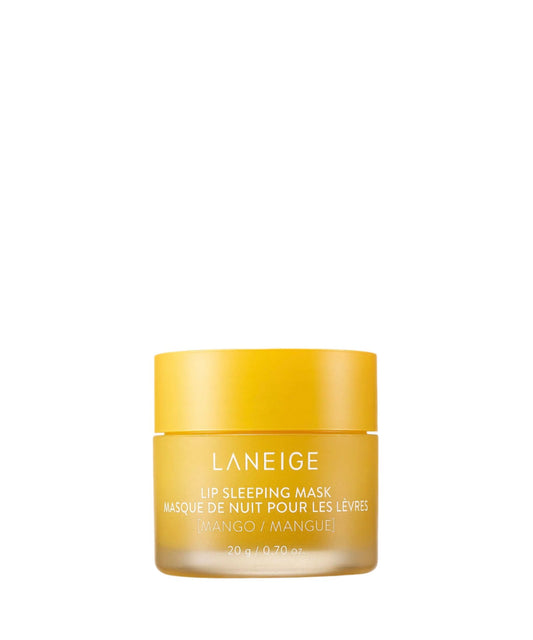 The Laneige Lip Sleeping Mask - Mango (20g) is a nourishing overnight lip mask with hydrating formulas. It features a smooth, matte yellow jar with a white label and boasts a delightful mango flavor to pamper your lips while you sleep.