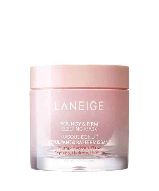 The Laneige Bouncy & Firm Sleeping Mask, a pink jar in 60mL (2.0 fl. oz.), highlights its plumping, hydrating, and illuminating benefits in English and French, offering enhanced skin radiance by morning.
