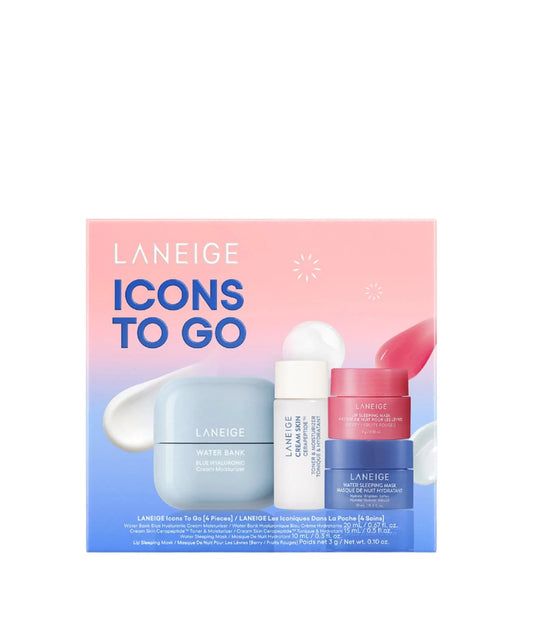 The Laneige Icons To Go - 4 Piece set includes hydrating mini essentials: Water Bank Blue Hyaluronic Cream, Serum, and a Lip Sleeping Mask. Packaged in light blue, pink, and white with product images on the front, its ideal for those seeking a hyaluronic acid moisturizer trio.